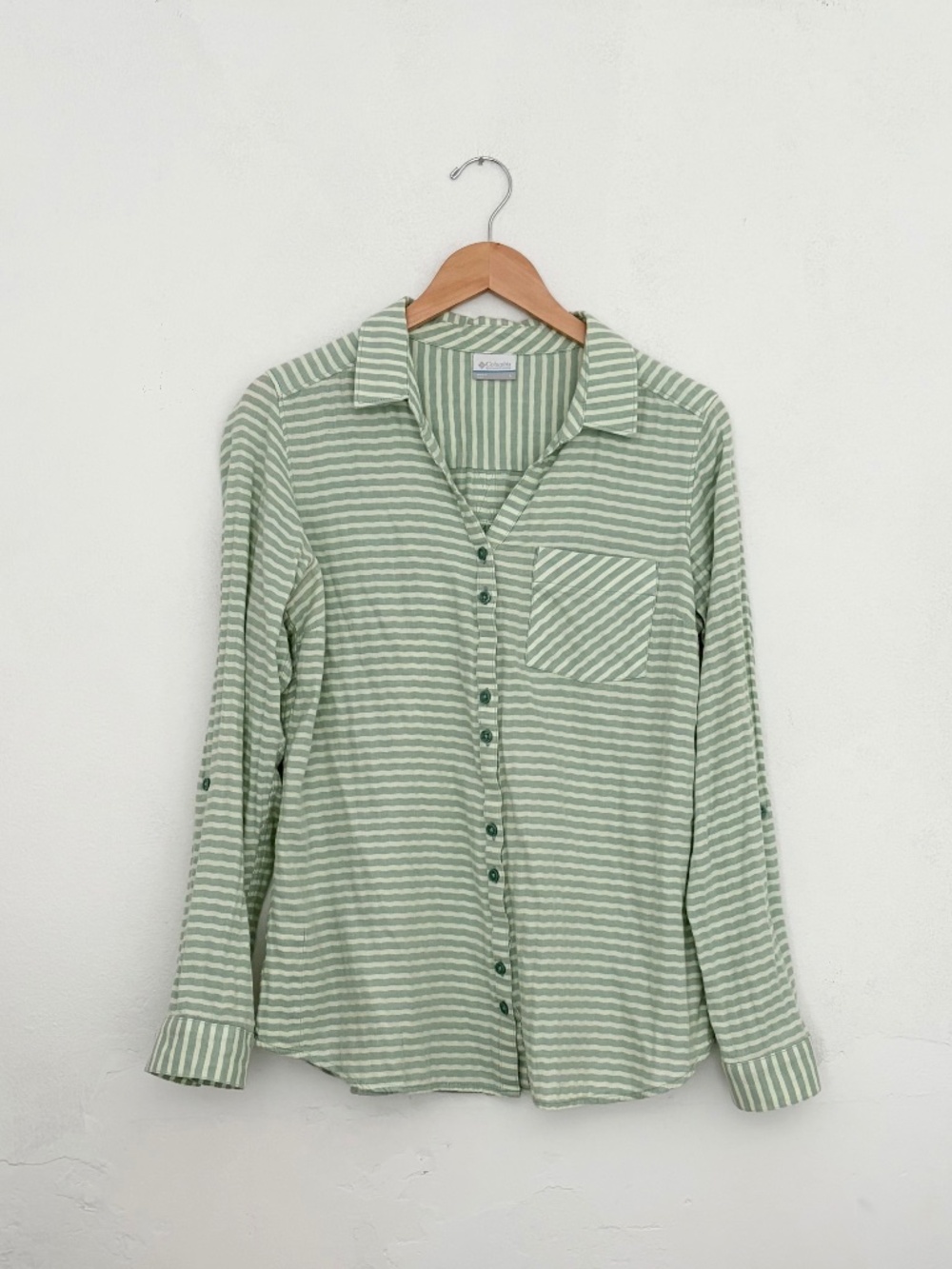 Columbia Green Striped Cotton Button Shirt Size Large Excellent Condition!